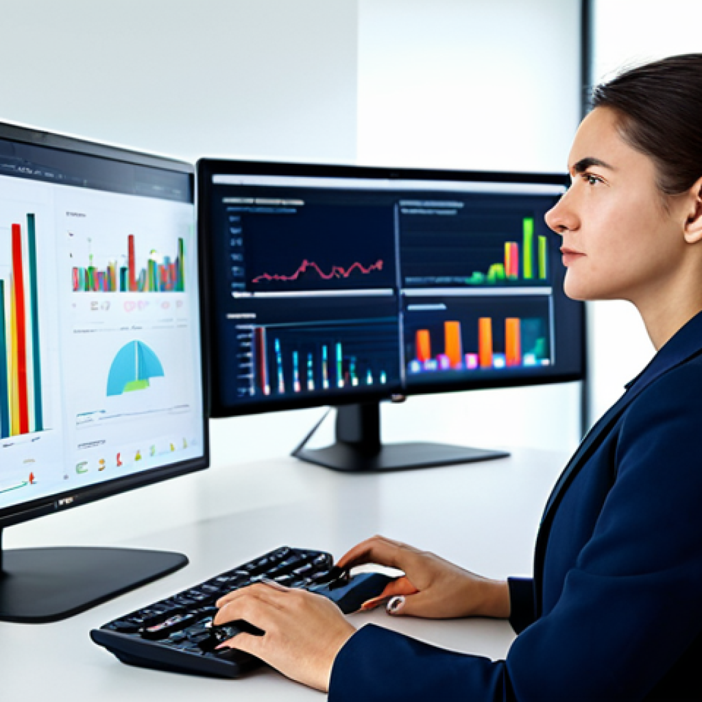 A professional female data analyst in a modest business suit, seated at a modern desk in a brightly lit, contemporary office. She is focused on multiple computer screens displaying intricate data visualizations, charts, and customer segmentation graphs. Her posture is natural, and her expression is thoughtful and intelligent. The background is clean and minimalistic, suggesting innovation and efficiency. The image conveys data-driven decision-making. Fully clothed, appropriate attire, professional dress, perfect anatomy, correct proportions, natural pose, well-formed hands, proper finger count, natural body proportions, safe for work, appropriate content, family-friendly, high-quality, ultra-realistic, studio lighting.