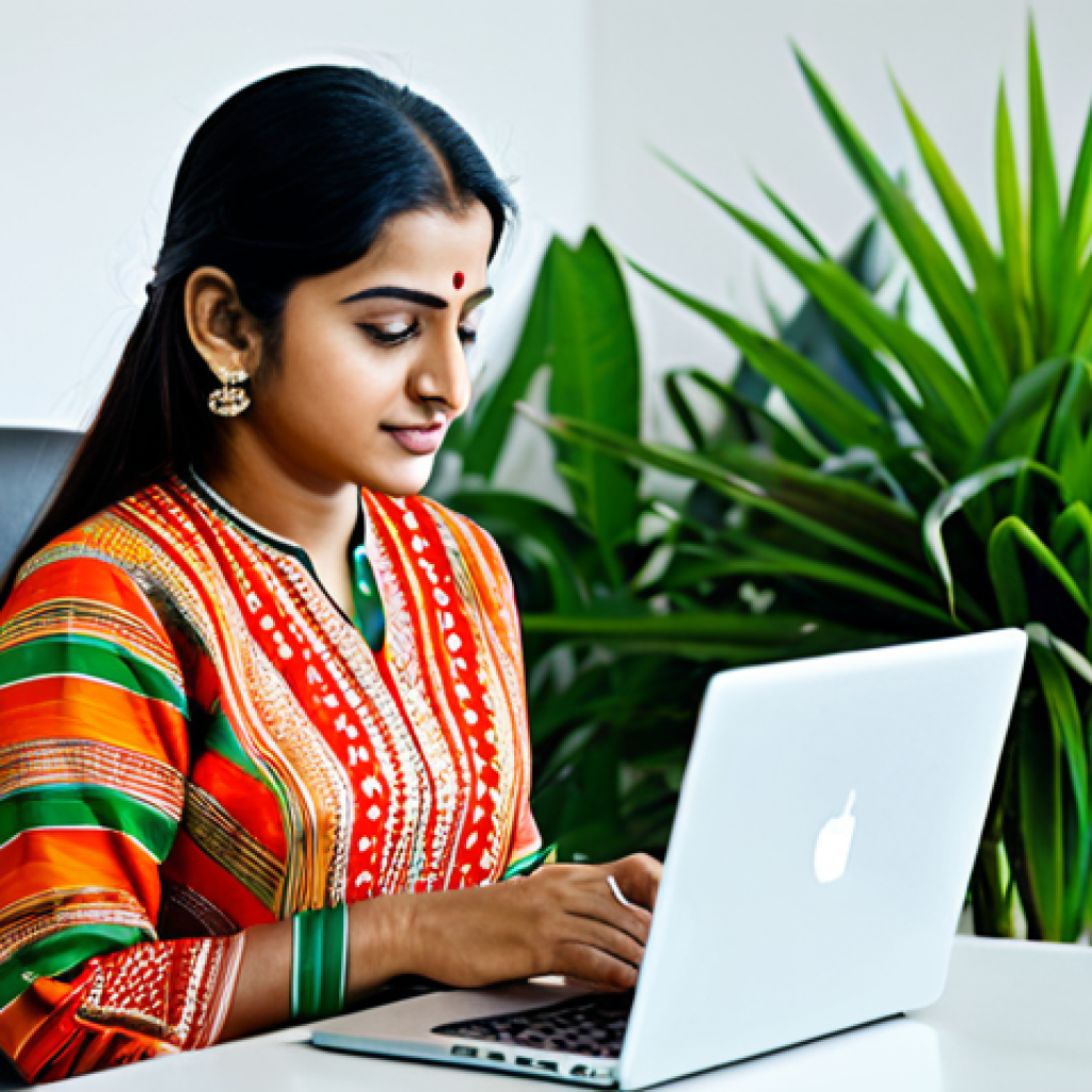 A professional Bengali woman in a modest, colorful salwar kameez, working on a laptop in a bright, modern office filled with plants, fully clothed, appropriate attire, safe for work, perfect anatomy, natural proportions, professional photography, high quality.