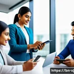 고객 세그먼트의 라이프 사이클 관리하기 - A professional Bengali business consultant engaging warmly with a diverse group of new customers in ...