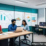 세그먼트 분석에서의 클러스터링 기법 - A modern office scene showing a diverse team of data analysts working on customer segmentation using...